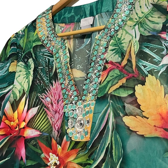 Chico's Tropical Print Semi Sheer Embellished Tunic Size 4/6 - Picture 2 of 9